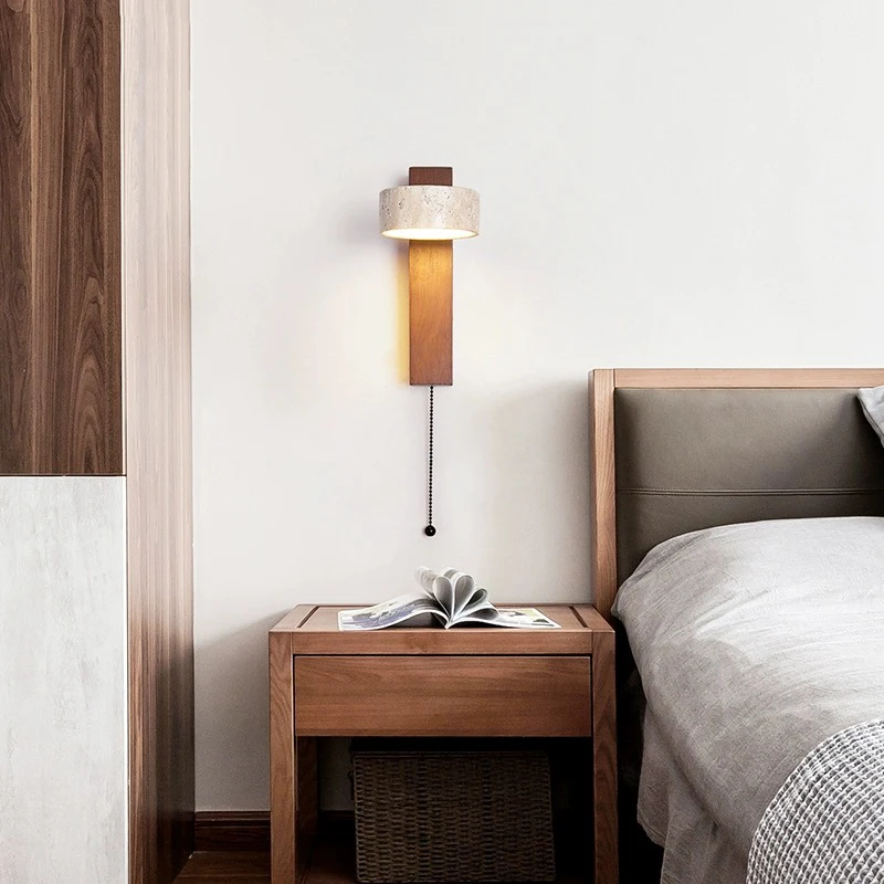 Imagem -04 - Creme Estilo Quarto Bedside Wall Lamp Pull Switch Wire Rotatable Led Light Pedra Homestay Log Madeira Noz Soft Down Lights