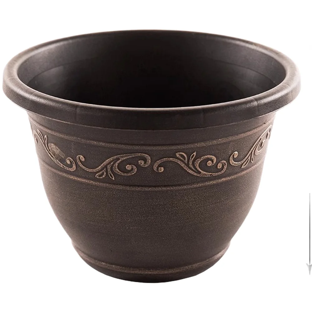 Large Brown Resin Flower Container With Drainage Hole And Tray Embossed Pattern For Outdoor Garden Indoor Home Decoratio
