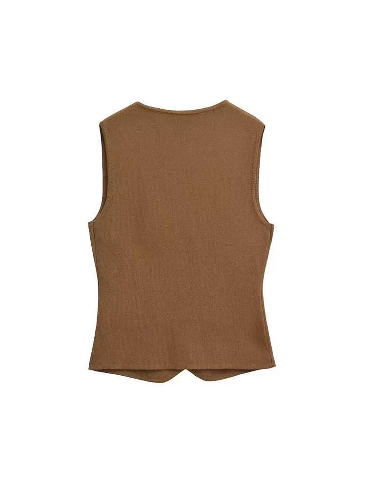 Willshela Women Fashion With Pockets Brown Single Breasted Vest Vintage V-Neck Sleeveless Female Chic Lady Tank Tops