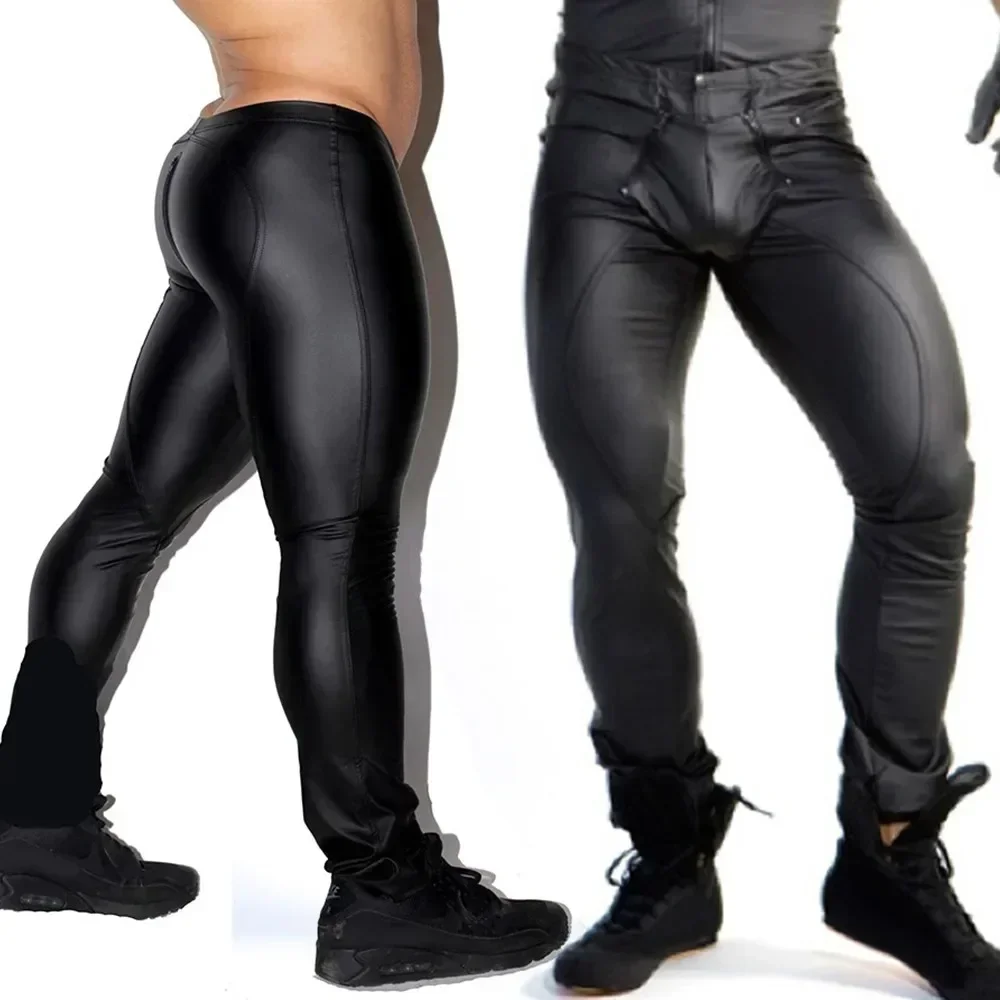 Men\'s PU Leather Leggings Wet Look Slimming Open Pouch Pant Tight Trousers High Waist Man Pants Streetwear