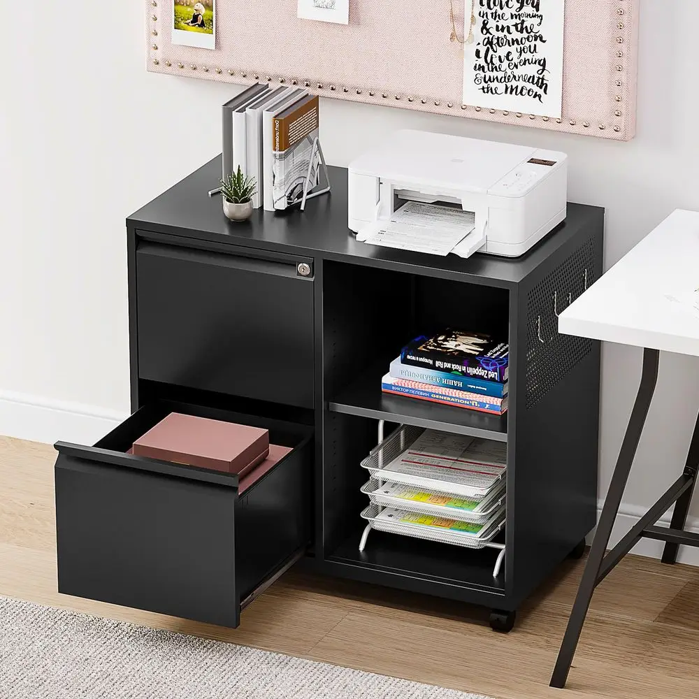 

2 Drawer File Cabinet with Lock and Shelf,Mobile Lateral Filing Cabinet,Metal Filing Cabinets with Open Storage Shelves Organiz