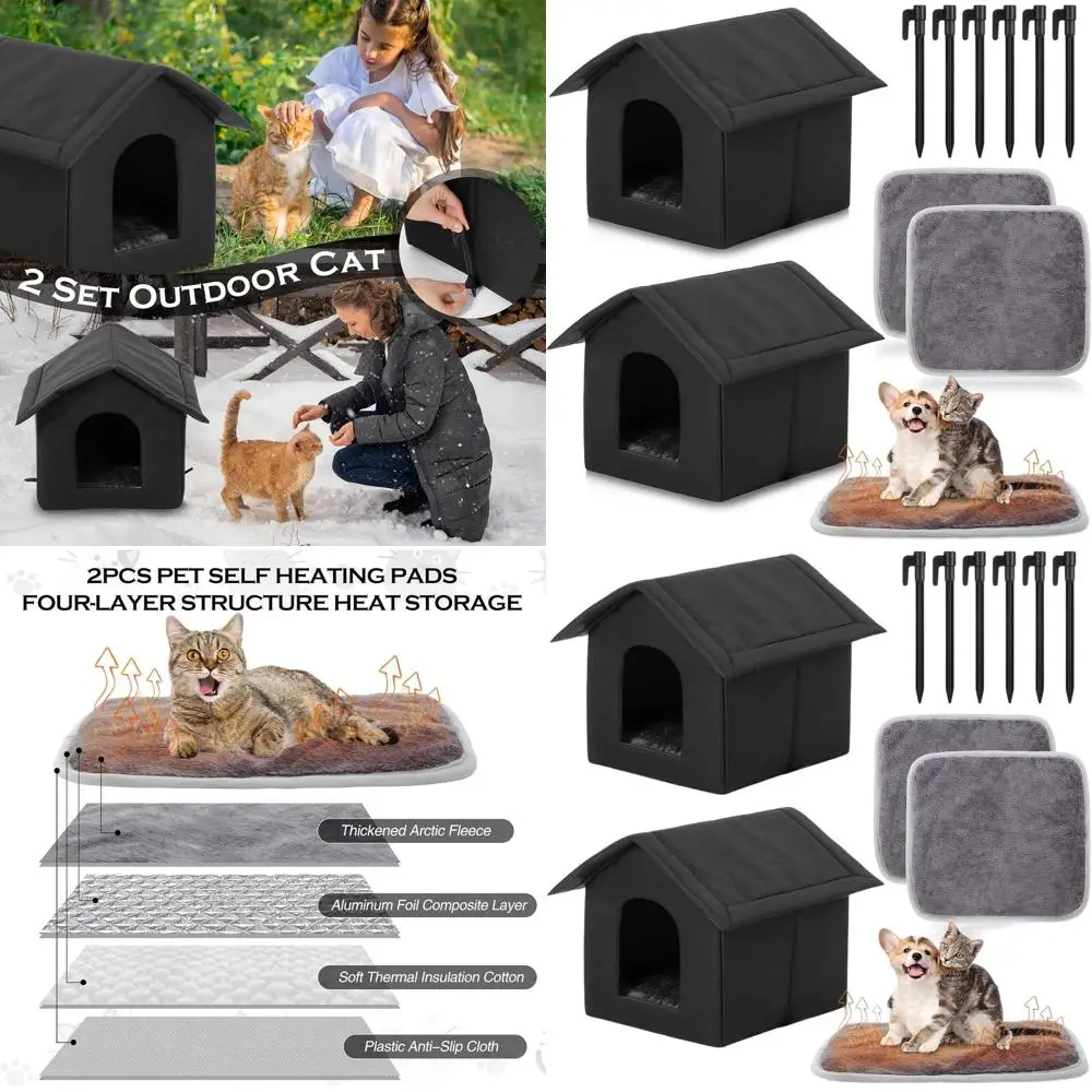

Double Outdoor Cat Shelter with Heating Pad, Waterproof, 15.8 for Stray Animals, Includes Tent Stakes (Black)