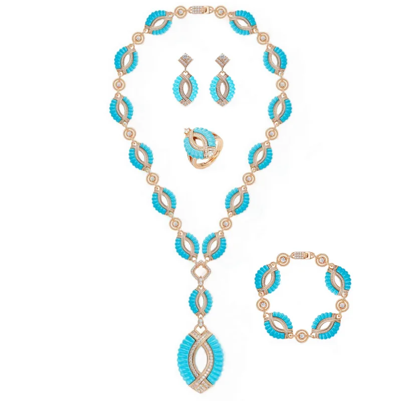 Designer Collection Ring Earrings Bracelet Necklace Inlay Cubic Zircon Pink Mother Of Pearl Malachite Turquoise Jewelry Set