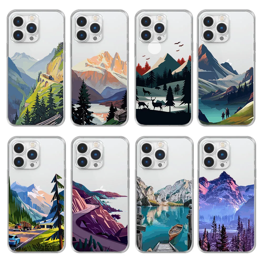 Aesthetic Art Hand Painted Pattern Mountain Scenery Phone Case for iPhone 11 12 13 14 Pro Max Mini X XR XS 7 8 Plus Cover Fundas