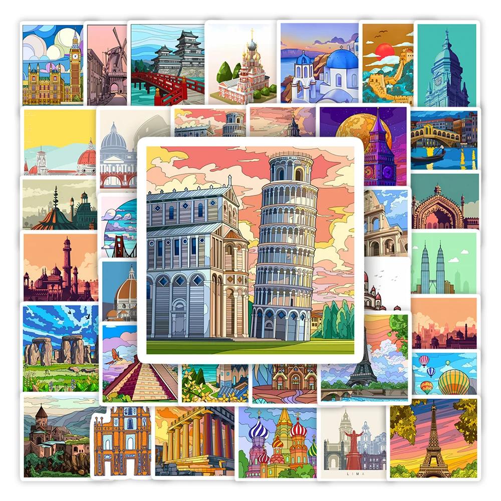 World Travel Landmark Famous Architecture Stickers DIY Toy Gift Decorative Decal for Journal Scrapbook Laptop Luggage Waterproof