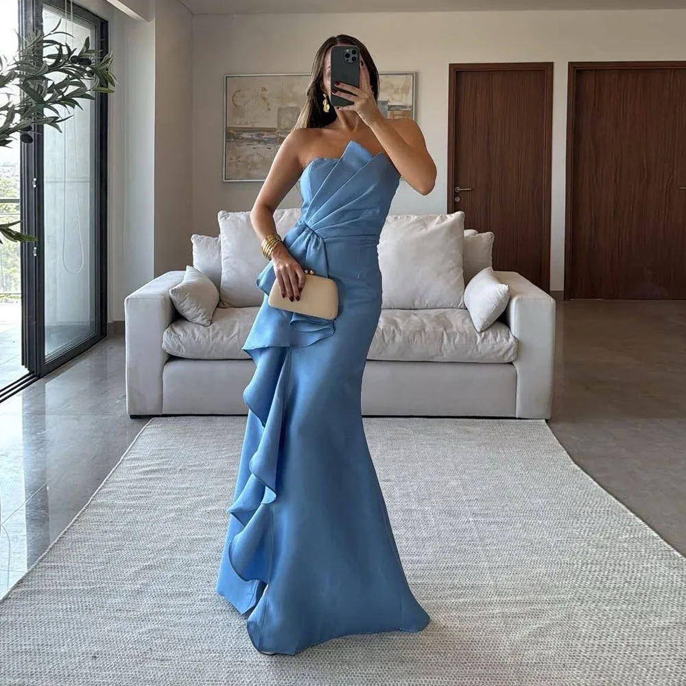 

Customized Strapless Ruffles Evening Dresses Pleated Mermaid فساتين سهرة Long Satin Formal Evening Party Gown