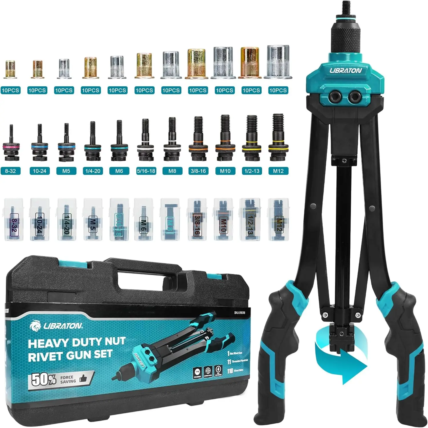 16" Rivet Nut Tool Kit with 11 Interchangeable Mandrels, 110 Nuts, Auto Release Design for Easy Use