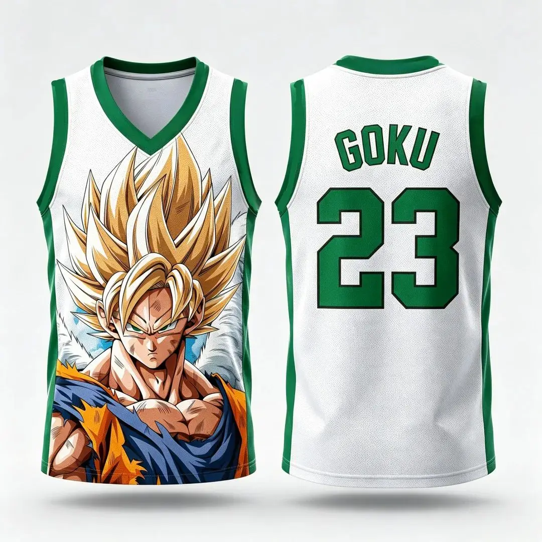 Dragon Ball Goku Super Saiyan Nr. 23 Basketball-Trikot für Herren, 3D-Druck, Sport-Tanktop, weiß-goldener Farbverlauf, Anime-Streetwear. – Detail 9