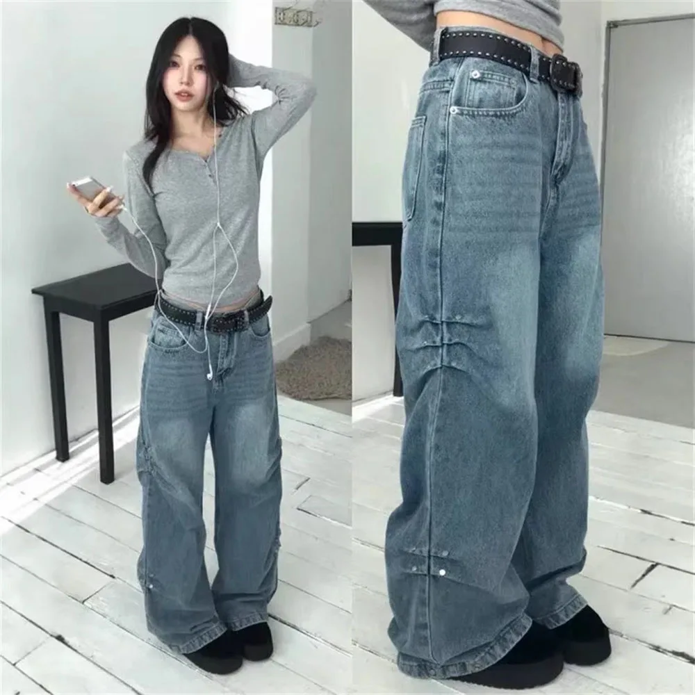 2026 Woman' Straight-leg Pants Casual Denim Pants Retro Style Spice Girls Trousers High Waist Spring Autumn Solid Color Jeans