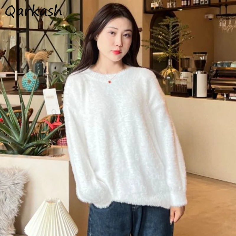 

White Sweater Pullovers Women Simple Knitted Autumn Winter Lazy Baggy Casual Korean Style O-neck Soft Jumper Classic Females New