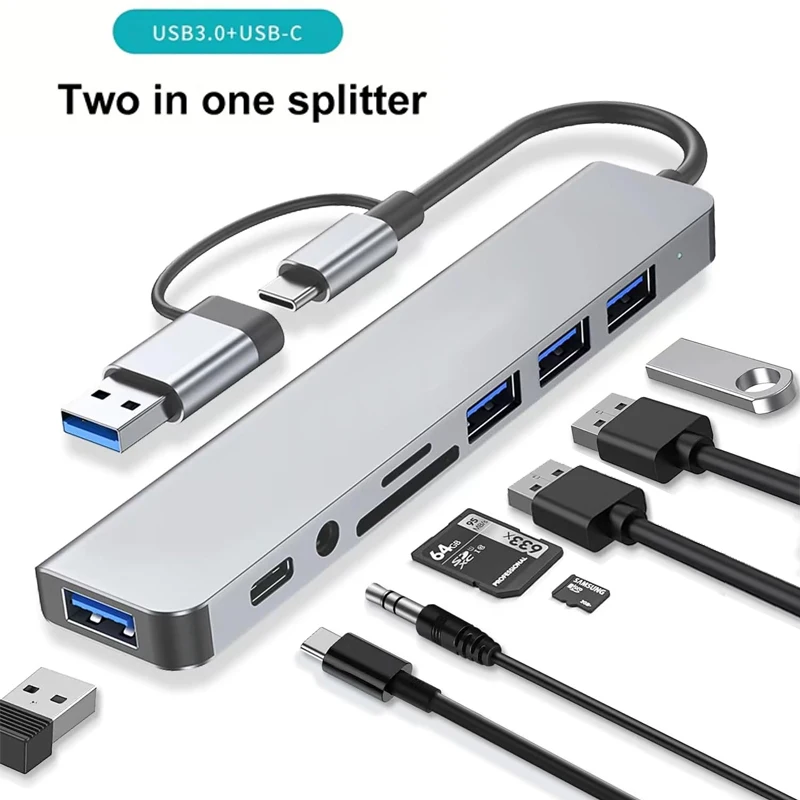 8 in 1 USB 3.0 Hub USB Adapter&USB C Splitter TF/SD Card Reader Audio Output Compatible with MacBook Laptop/Phones