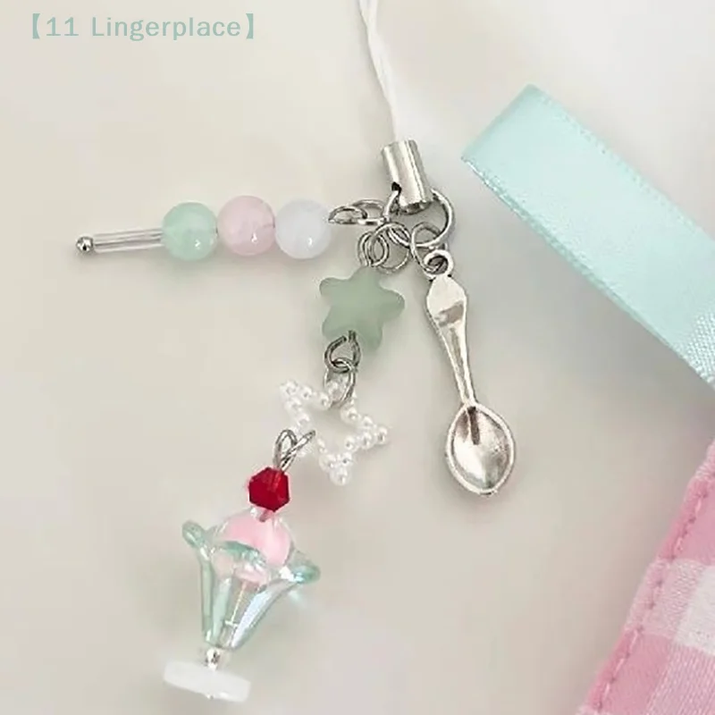 Tricolor Ice Cream Soda Mobile Phone Pendant Handbeaded Earphone Pendant With Girly Heart Phone Chain Bag Pendant Keychain