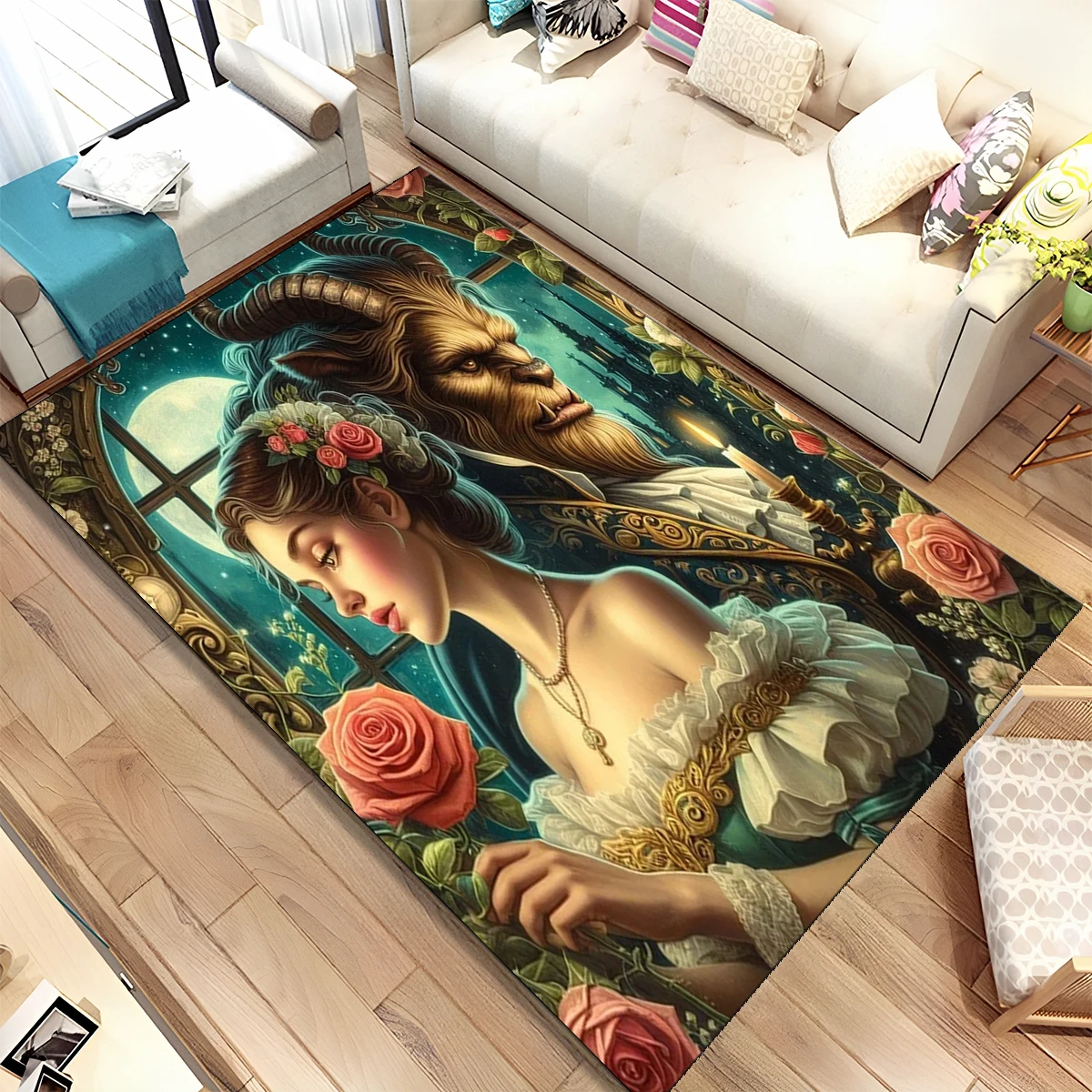 Lovely Beauty and The Beast Cartoon Carpet Rug for Home Living Room Bedroom Sofa Doormat Decor,kids Area Rug Non-slip Floor Mat