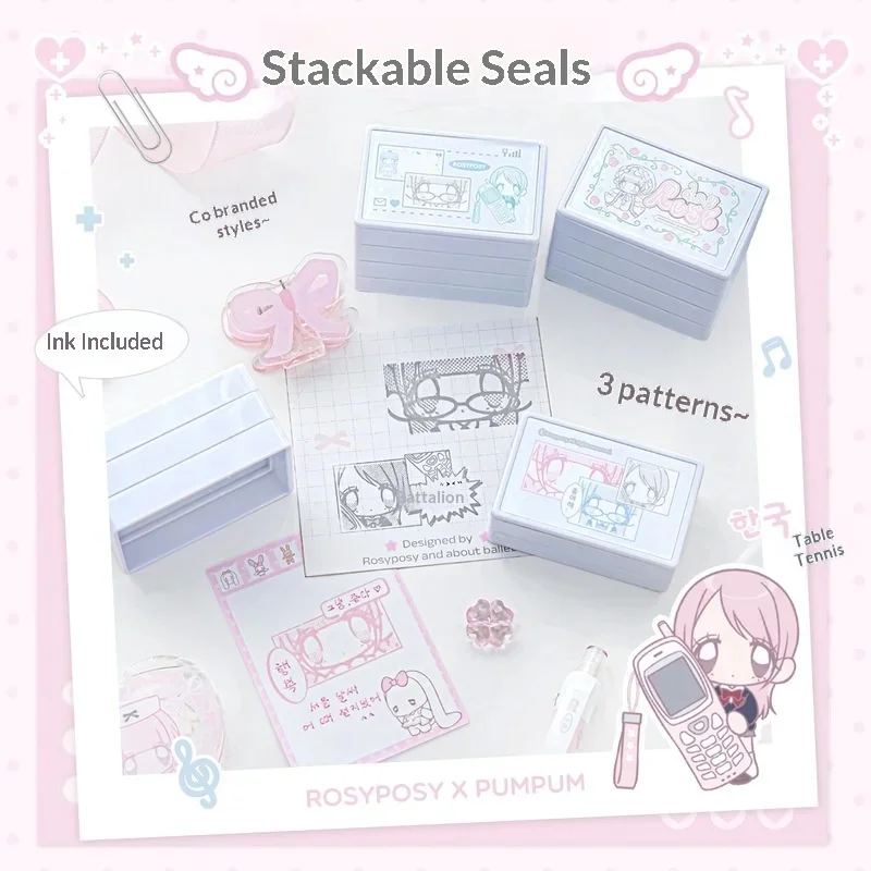 Rosyposy PumPum Collab Stackable Decorative Stamps Cute Cartoon Pattern For Journal Diy Scrapbook Hand Account Decoration Craft
