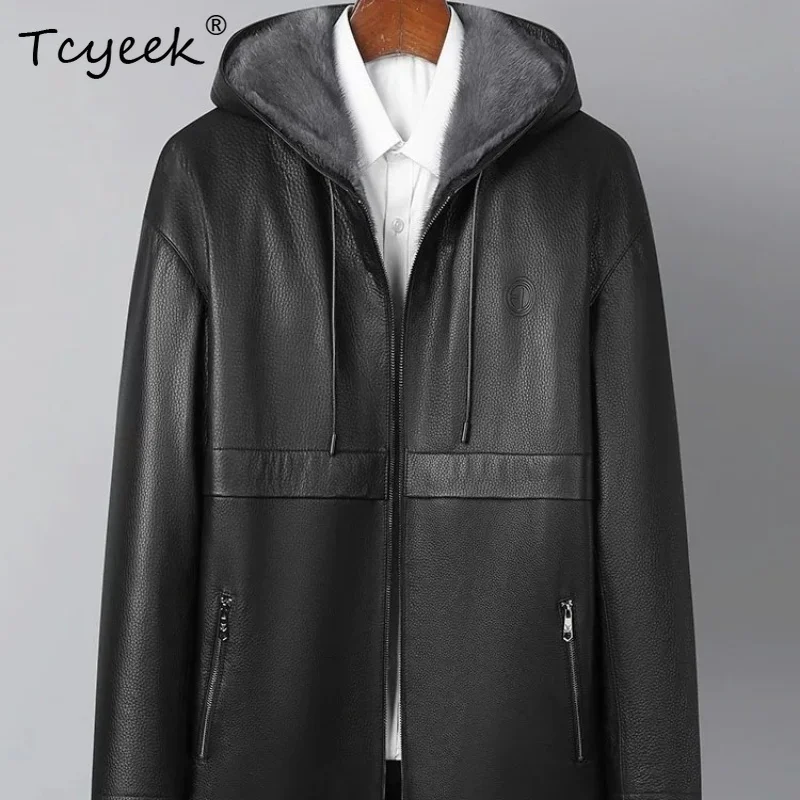 Tcyeek Natural Cowhide Real Leather Jacket Men Fashion Whole Sapphire Mink Man Coats Winter Jackets Hoodie Casual Куртка Мужская