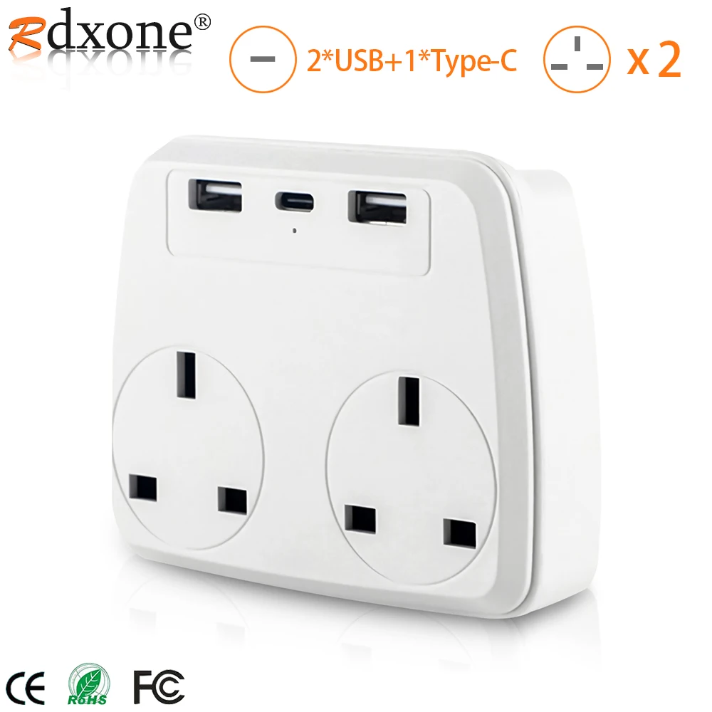 Double Plug Adaptor Extension Plug With 2USB Type C Charger Plug Multi Plug Extension UK Plug Adapter for Kitchen, Office