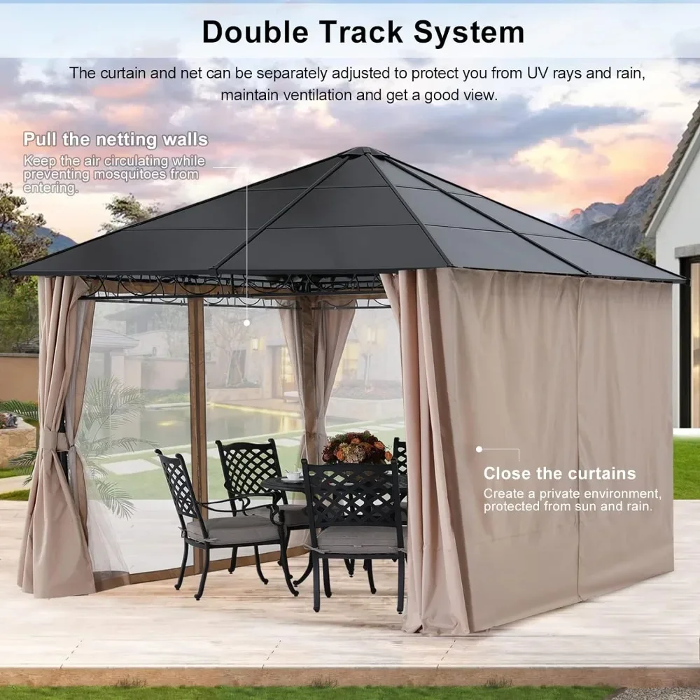 Beige Outdoor Awning 10x10 Outdoor Hardtop Gazebo Aluminum Frame Polycarbonate Top Canopy with Curtains and Netting Tent Decor