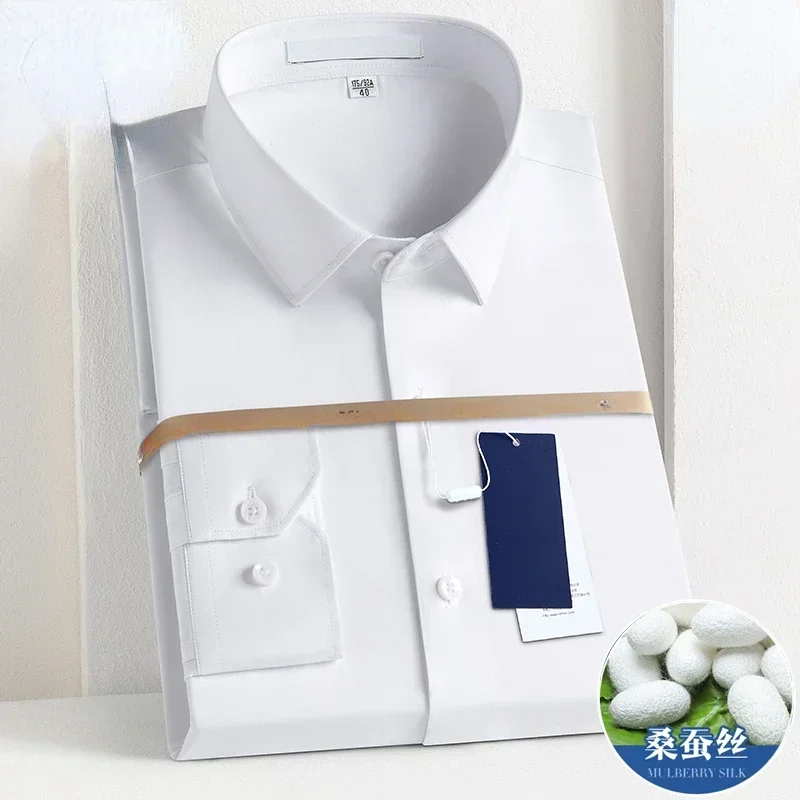 

Мужская рубашка из тутового шелка с длинным рукавом, весенне-осенняя, деловая повседневная, однотонная, тонкая, формальная, не требующая глажки, Ropa De Hombre