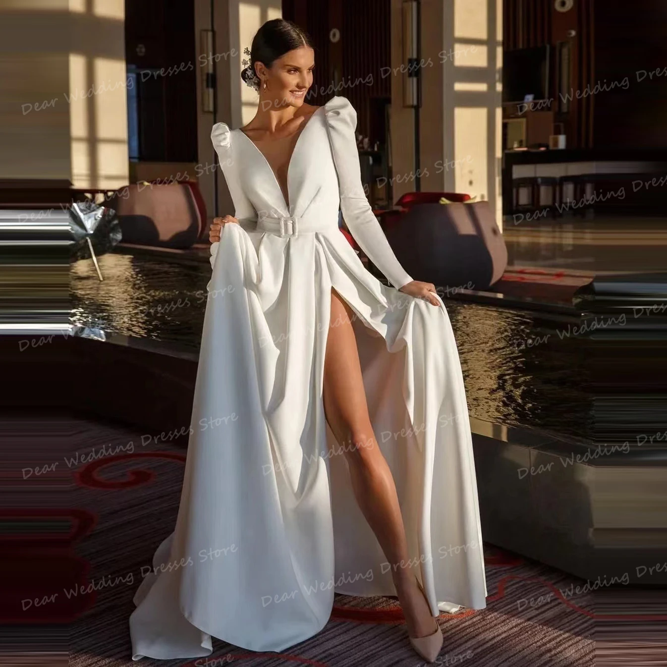 Semplici abiti da sposa con scollo a V per donna eleganti abiti da sposa Sexy manica lunga alta divisa in raso Party Fashion Vestidos De Novias