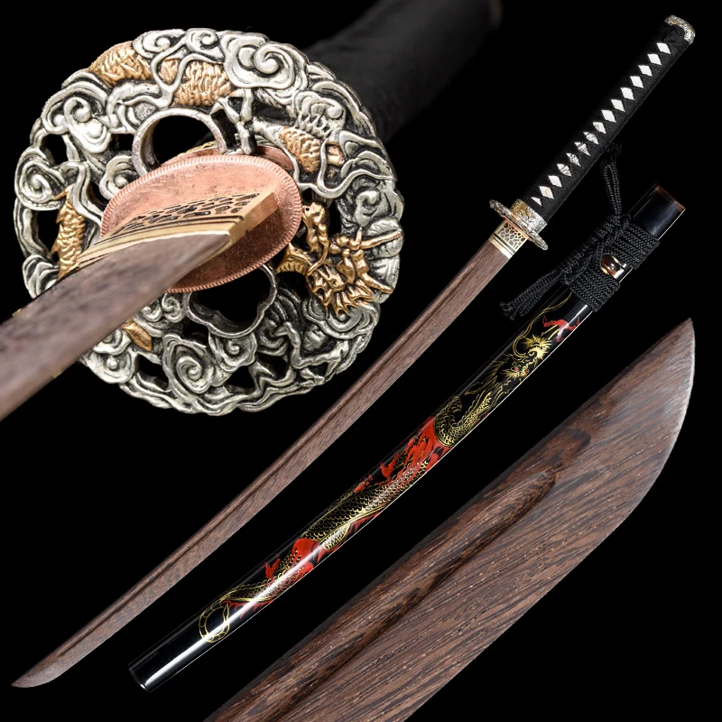 41 Inch Real Japanese Samurai Wooden Katana, Full Size Handmade Sword, Maki-e Dragon and Buffalo Horn Saya, Cosplay Display Prop