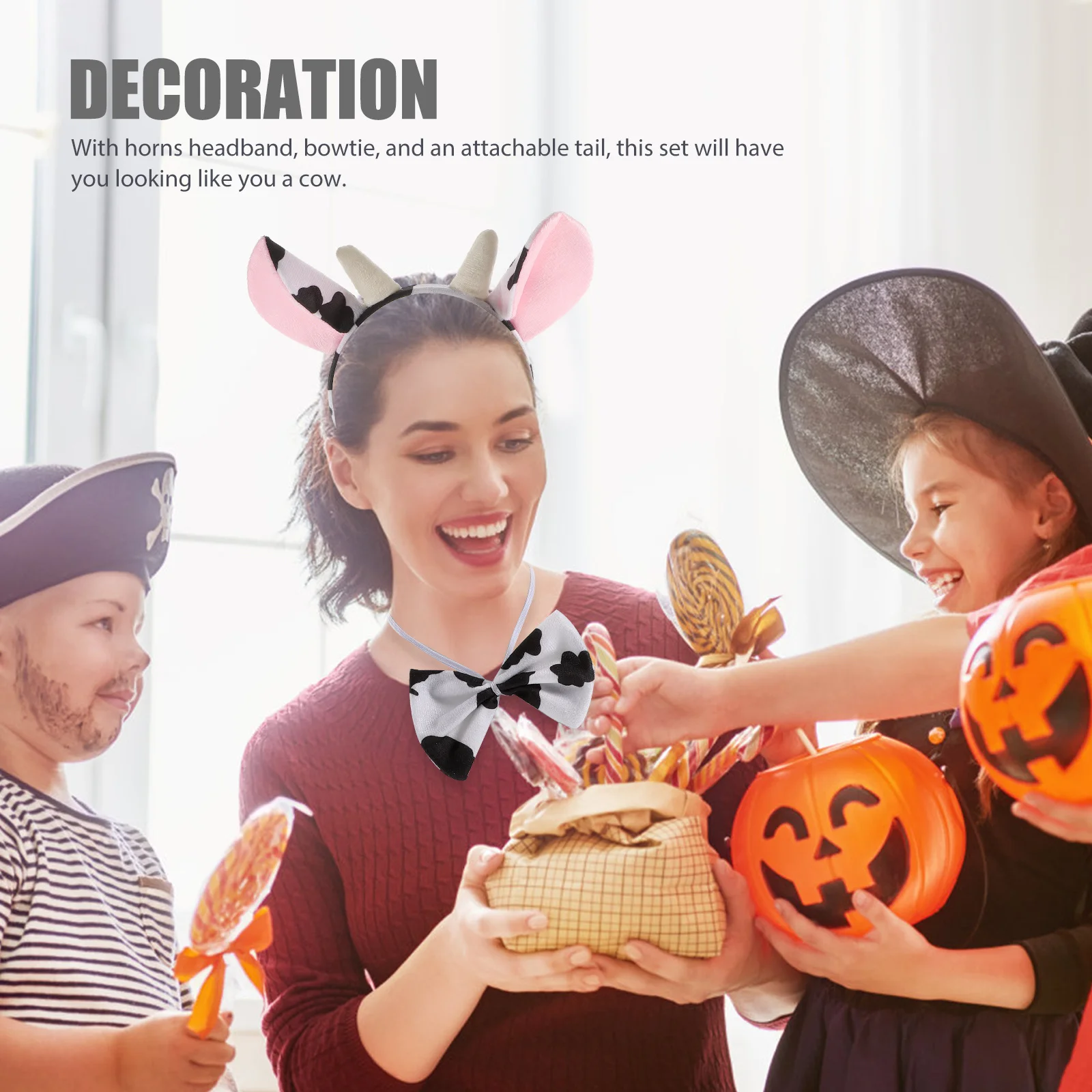 Set di accessori per costumi da mucca da 3 pezzi, corna, fascia per capelli, farfallino, coda, perfetto per carnevale in maschera di Halloween, costumi di Halloween