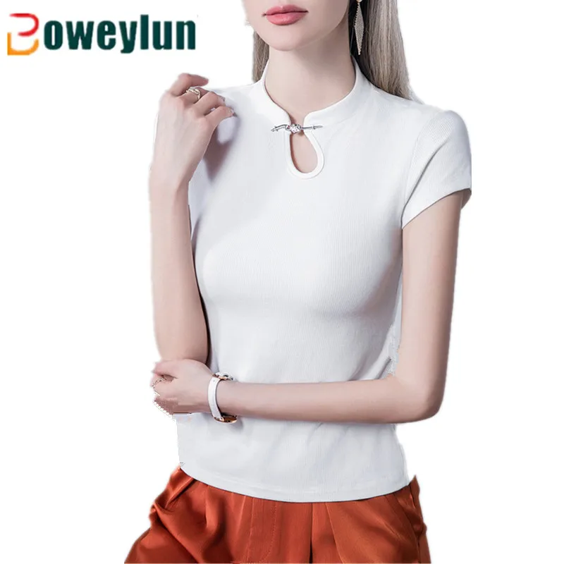 

Boweylun New Chinese Style Disc Buckle Stand Collar Solid T-shirt Female Summer Hollow Out Slim Short-sleeved Tops Women