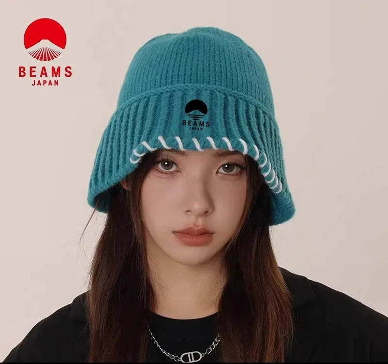 BEAMS Japanese‑Style Minimal Knit Bucket Hat, Warm Versatile Woolen Beanie, Brightening‑Tone Fisherman Basin Cap Unisex