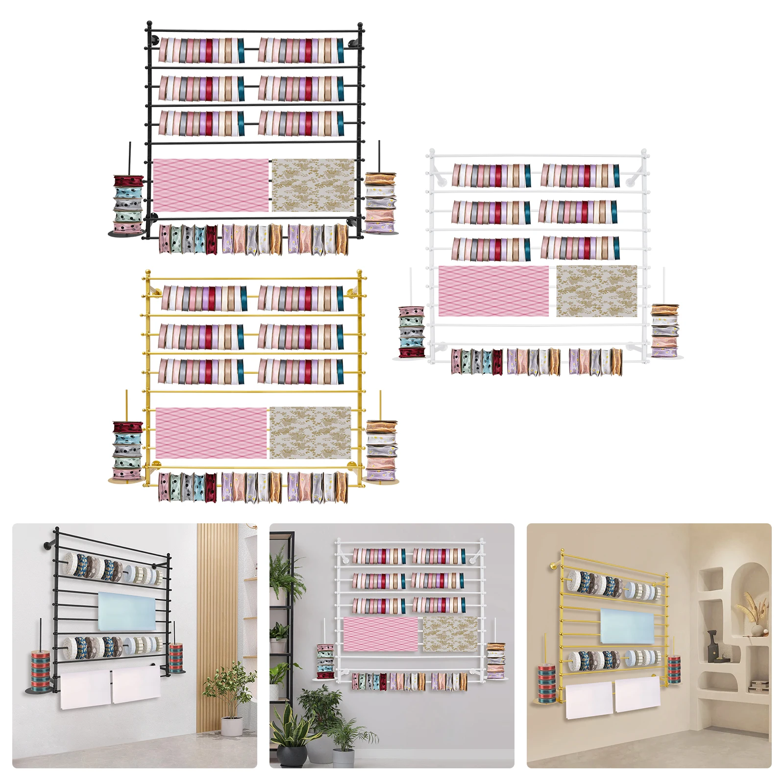 

Ribbon Rack organizer Yarn Storage Space Saving Wall Mount Ribbons Roll Storage for Desktop Display Stand Gold/Black/White