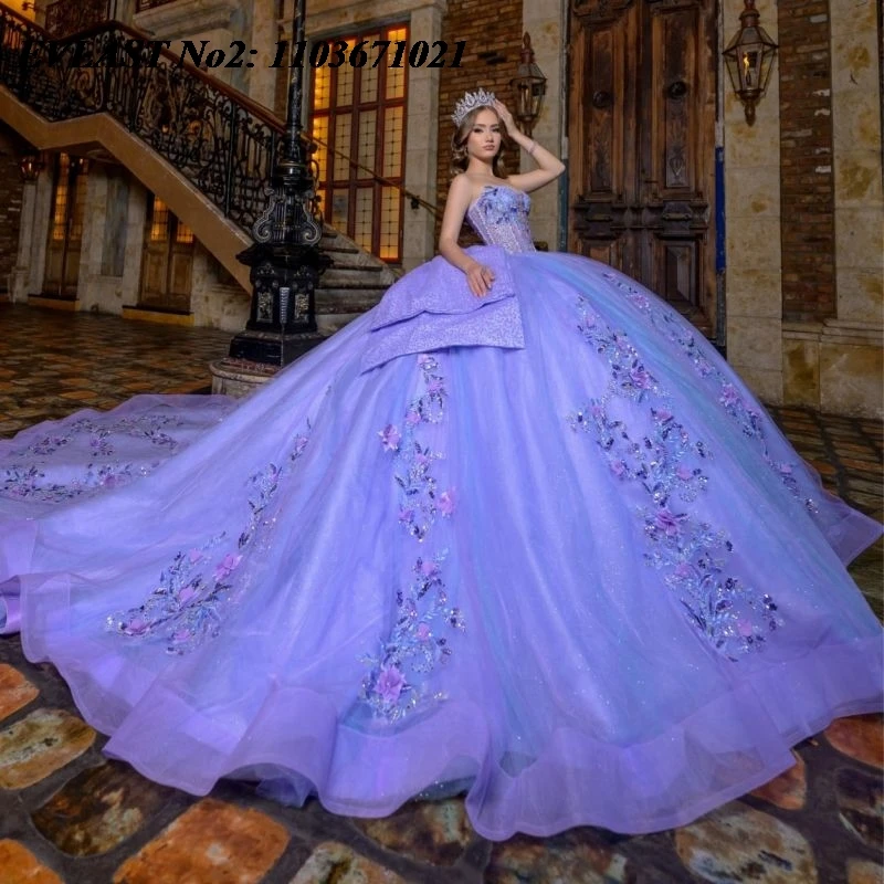 

EVLAST Customized Mexican Lilac Quinceanera Dress Ball Gown Shiny Floral Applique Beading Bow Sweet 16 Vestidos 15 Anos E2QA209