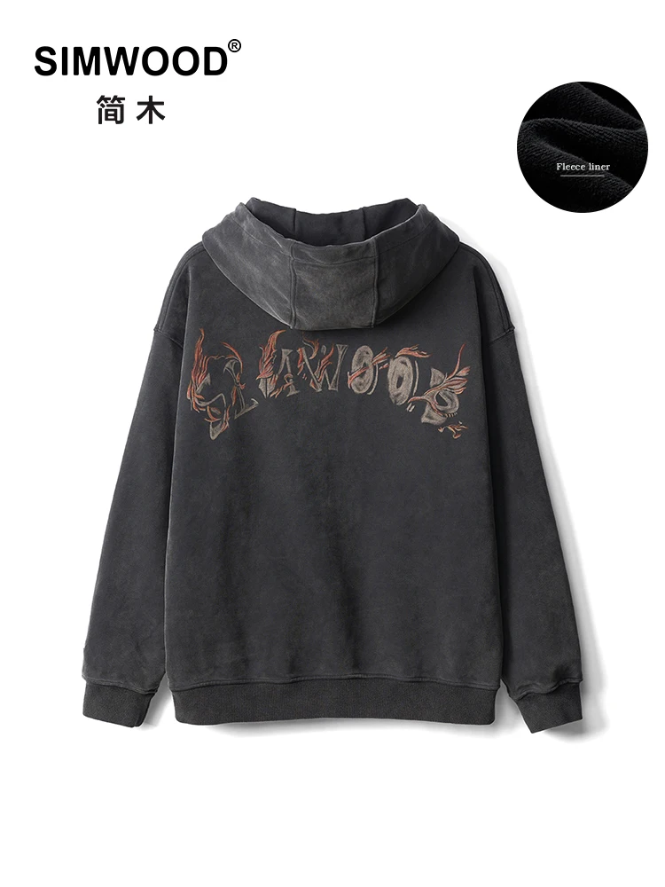 SIMWOOD 2024 Autumn Winter New 【Short Length】520gsm Heavyweight Fabric Letter Print Hoodies Men Washed Vintage Streetwear