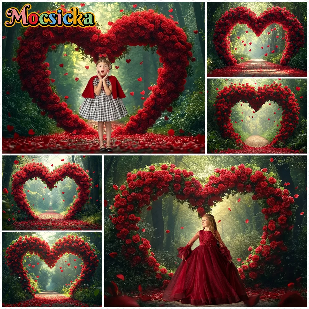

Mocsicka Love Rose Photo Backdrop Valentine's Day Romantic Nature Heart-Shaped Wedding Photography Garden Decorations Background