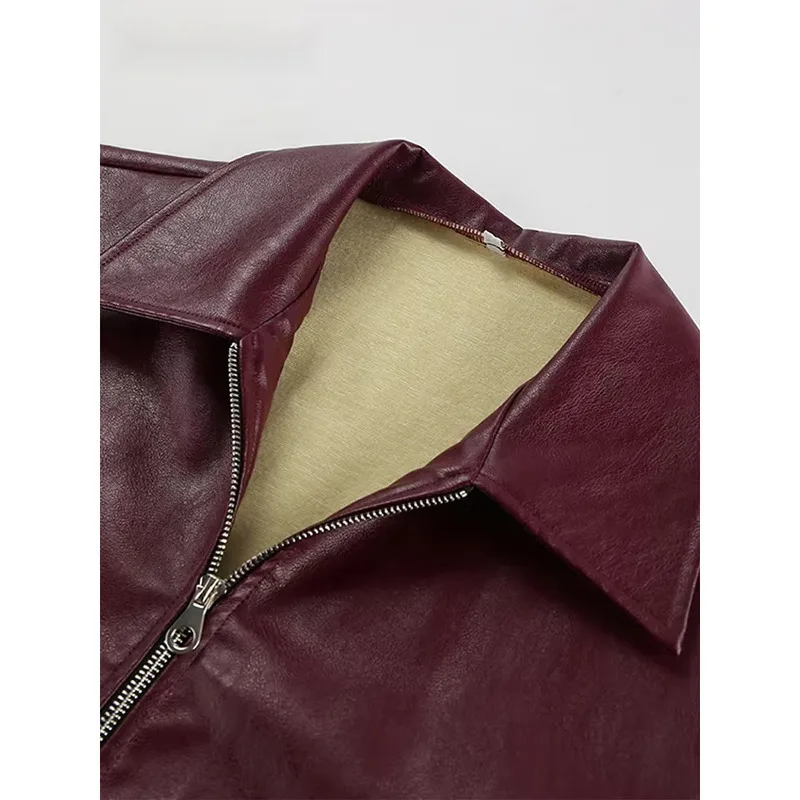 Elegant Burgundy Faux Leather Jackets Women Fashion Lapel Zipper Long Sleeve Female Coats New Autumn Winter Lady Street Outwear