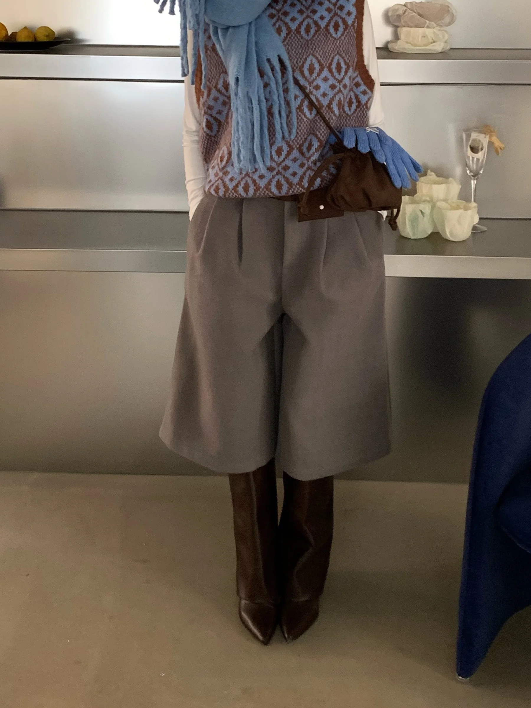 

JDE High Waist Wide Leg Suit Pants Women Winter Small Size Straight Loose Slimming Casual Woolen Trousers