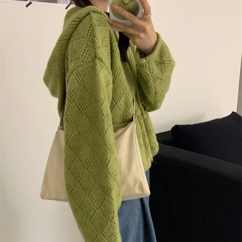 Cardigan da donna con cappuccio lavorato a maglia vestibilità ampia Ins delicato ed elegante stile coreano scava fuori tutto-fiammifero Harajuku autunno capispalla alla moda accogliente