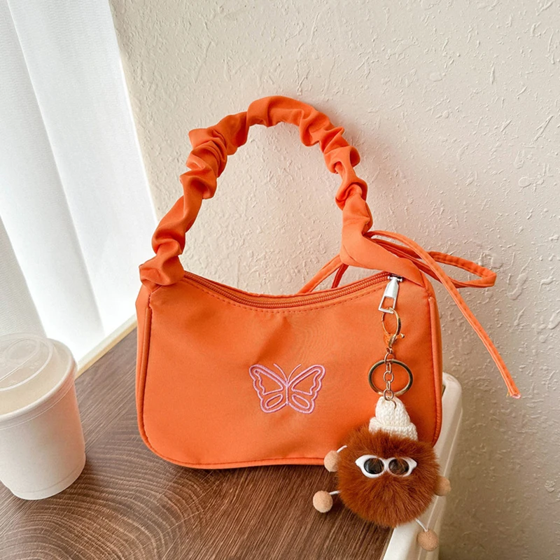 Cute Embroidered Bowknot Butterfly Shoulder Bag Women Pleated Handbag Half-moon Underarm Bag Fashion Oxford Nylon Bow Tote Bag