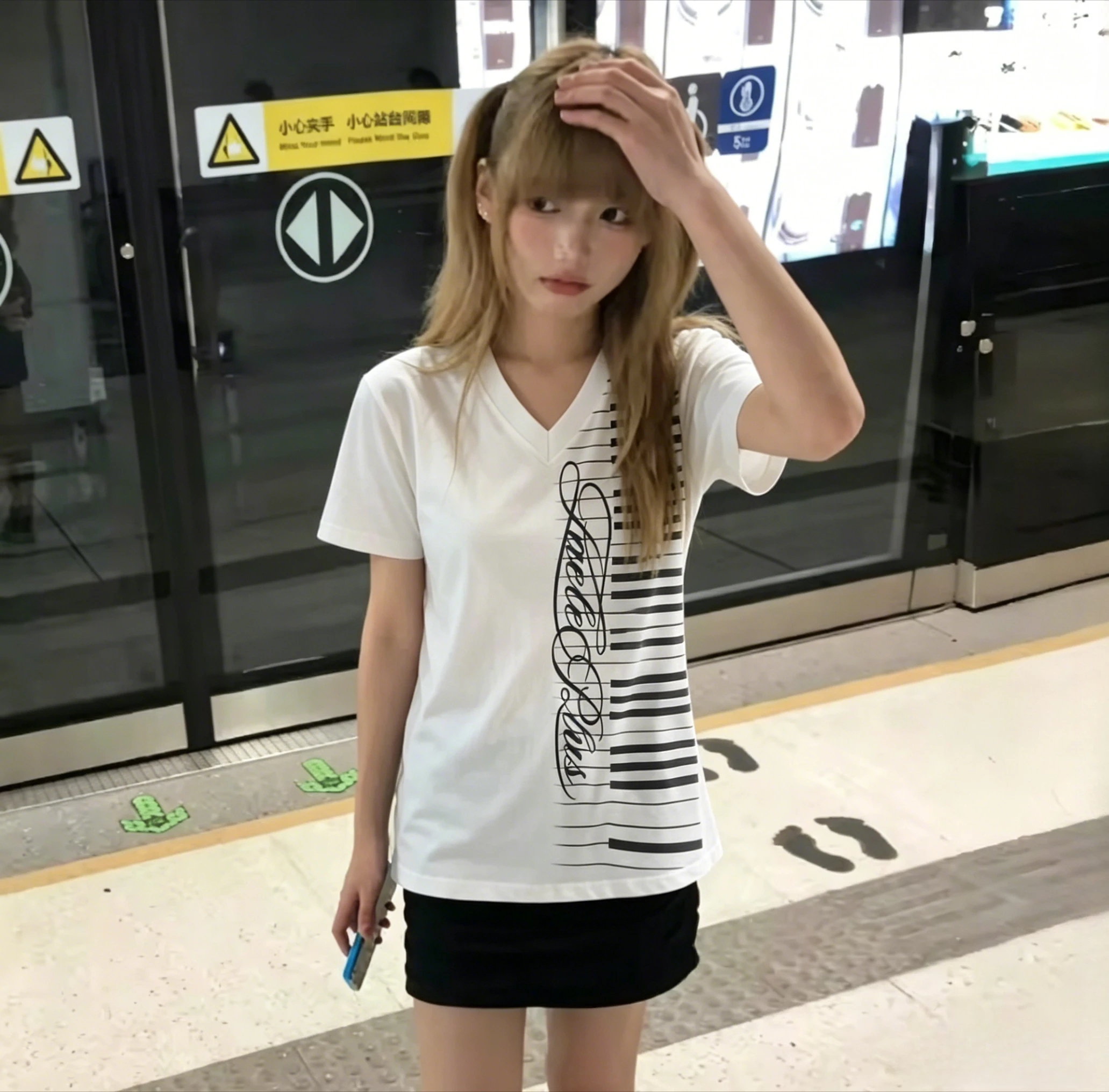 Vintage Tops Y2k Piano Key Print T-shirt Japanese Short Sleeve Harajuku V-neck Tee American Retro Female Subcultre New Clothing