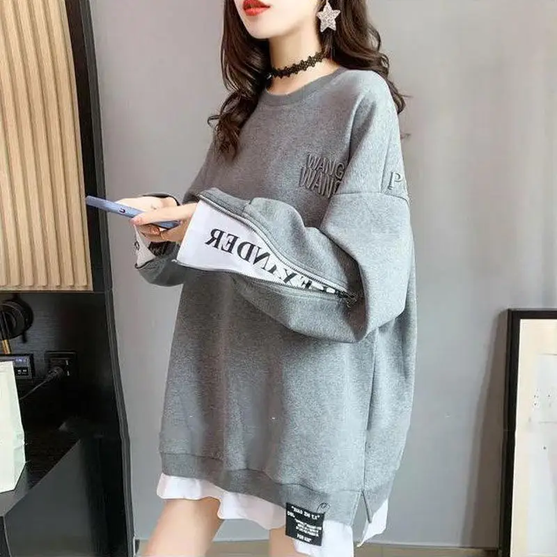 Pullovers Baggy Woman Clothing Grey Black Letter Printing Women\'s Sweatshirt Text Loose Aesthetic Autumn and Winter Top M Emo E