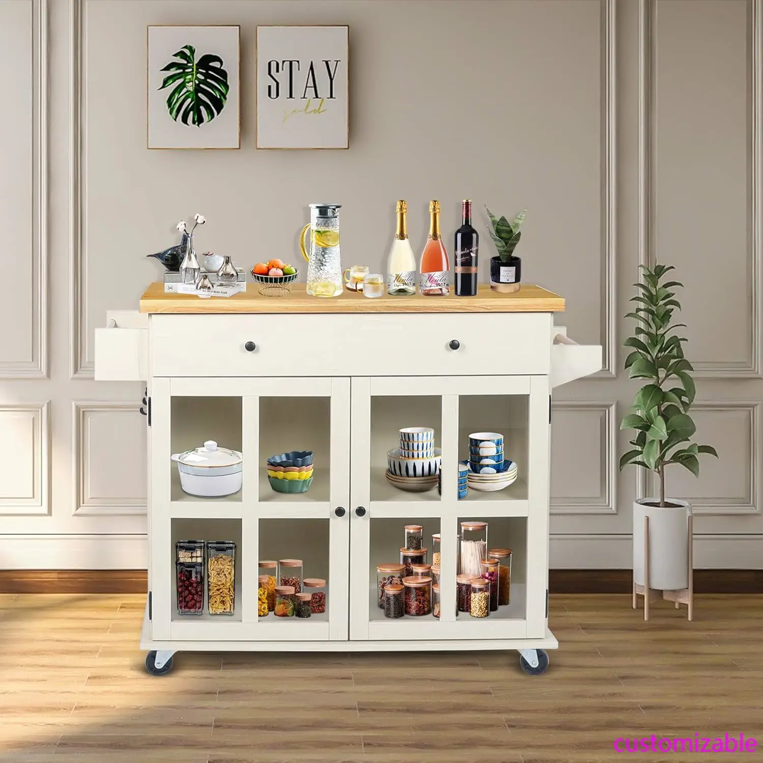 Isla de almacenamiento de cocina con ruedas, carrito de cocina para el hogar con encimera de pino, carrito de almacenamiento grande con gabinete
