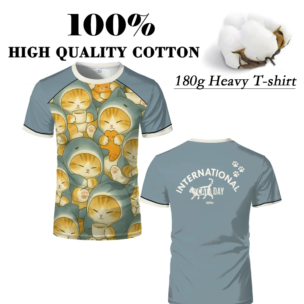 

Summer Heavy Weight 180gsm Cotton Tshirts Fun International Cat Day Printed Graphic Men's Sports Jersey Youth Unisex Casual Tops