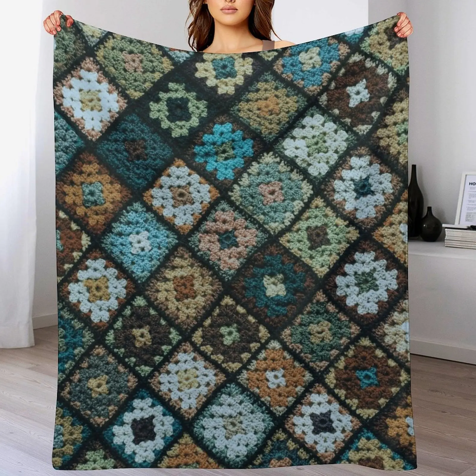 

Crochet granny square pattern blue Throw Blanket Beautifuls Vintage Thin Stuffeds Blankets