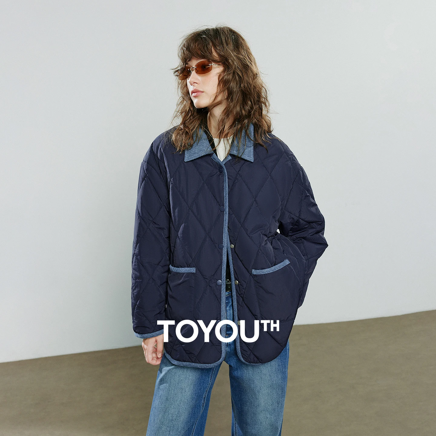 TOYOUTH Women Cotton Coats 2025 Winter NewAsymmetric Contrast Color Spliced Retro Diamond Check Warm Loose Padded Jacket