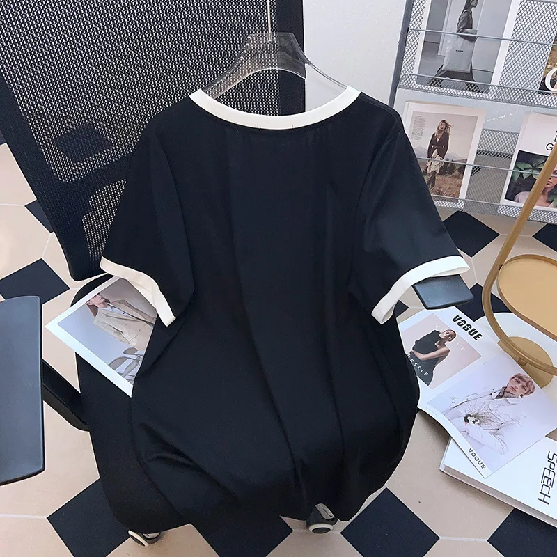 Round Neck New Big Size Slim Loose Medium Long Solid Short Sleeve T-shirt Women 100/150/175kg 6XL 7XL T Shirt