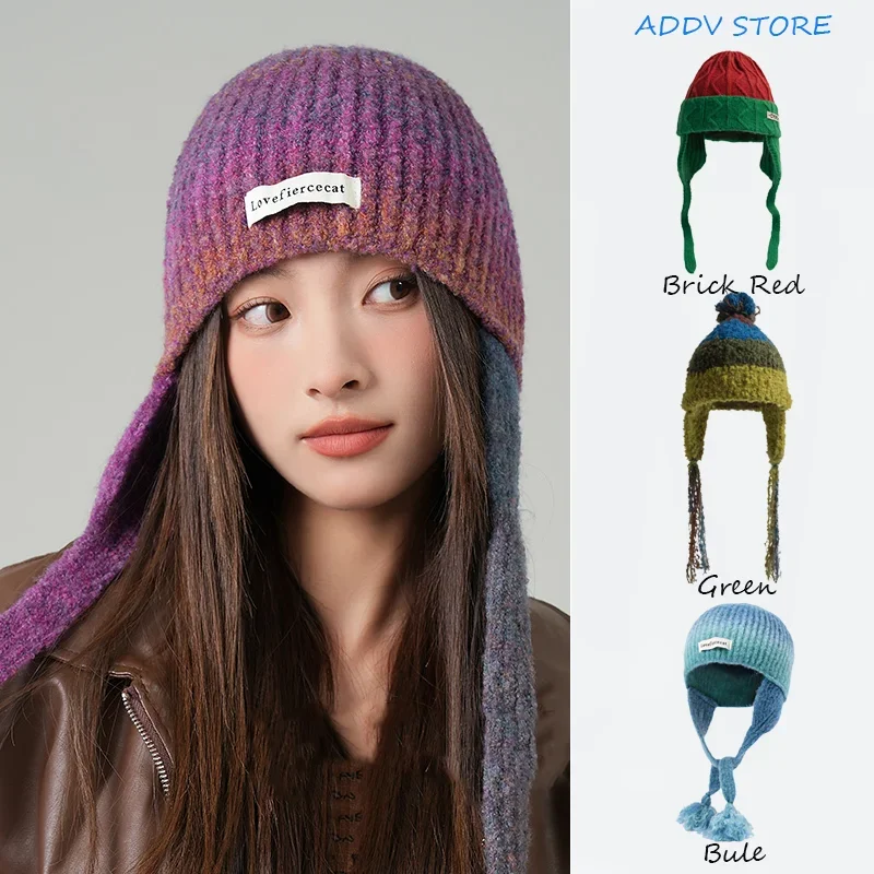 Paternity Gradient Flight Cap Personality Contrasting Color Wear Cold Hat Women\'s Winter Color-blocked  Ear Protection Wool Hat