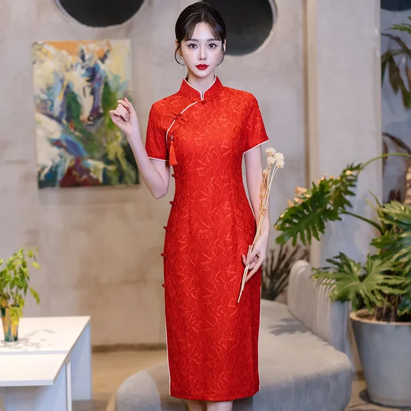 2024 Dames Nieuwe High-end Cheongsam Traditionele Slijtage Nieuwjaar Chinese Stijl Verbeterde Bruids Bruiloft Rode Jurk Qipao Plus Size