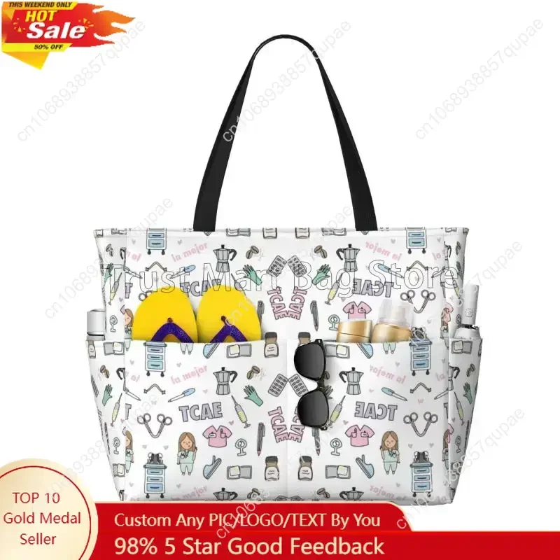 

Custom Enfermera En Apuros Doctor Nurse Medical Beach Tote Bag for Women Extra Large Gym Carry on Travel Shopping Bags