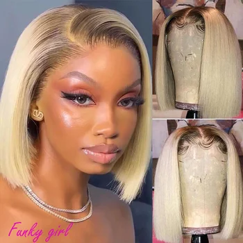 Perruque Bob Lace Front Wig naturelle lisse, cheveux courts, blond ombré, densité 180, 4x4, fermeture en dentelle, colorée, avec racines foncées, pour femmes