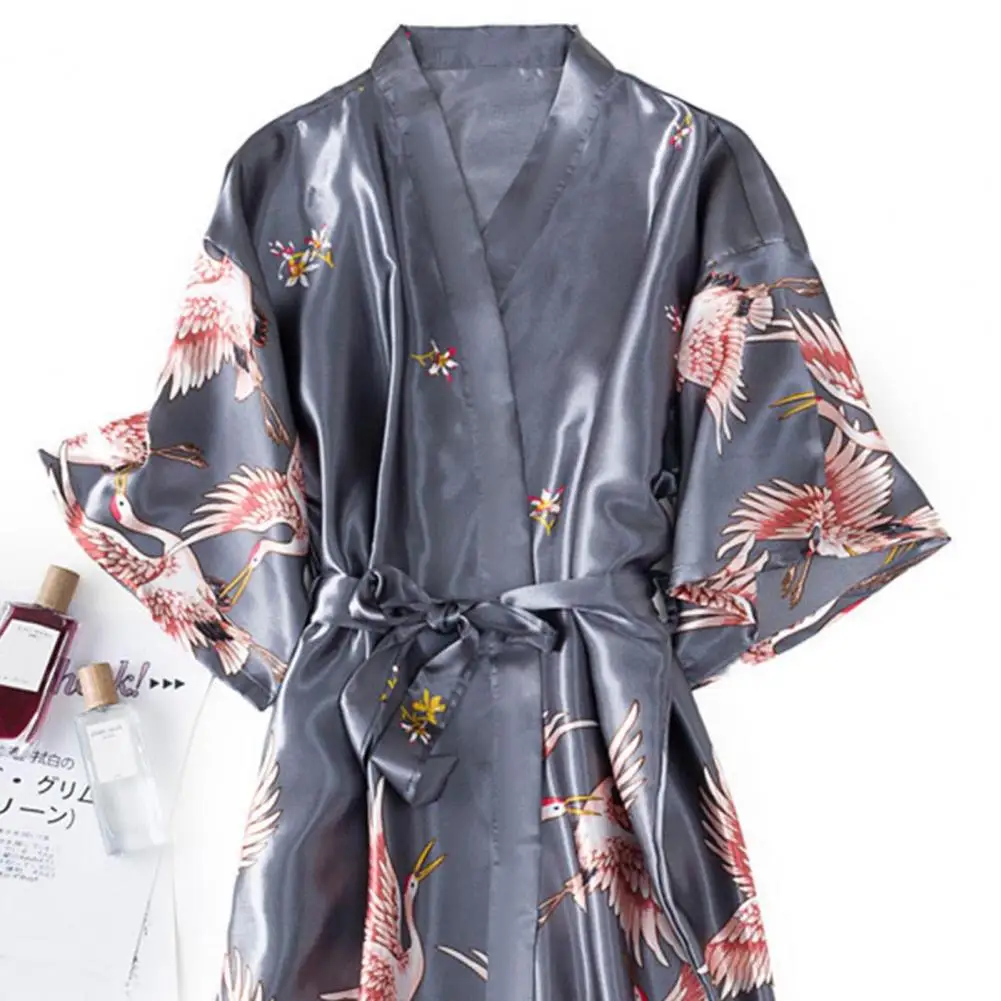 Women Bathrobe Ice Silk Bird Print Satin Lace-up V Neck Half Sleeve Cardigan Nightgown Bride Morning Dressing Gown Sleepwear