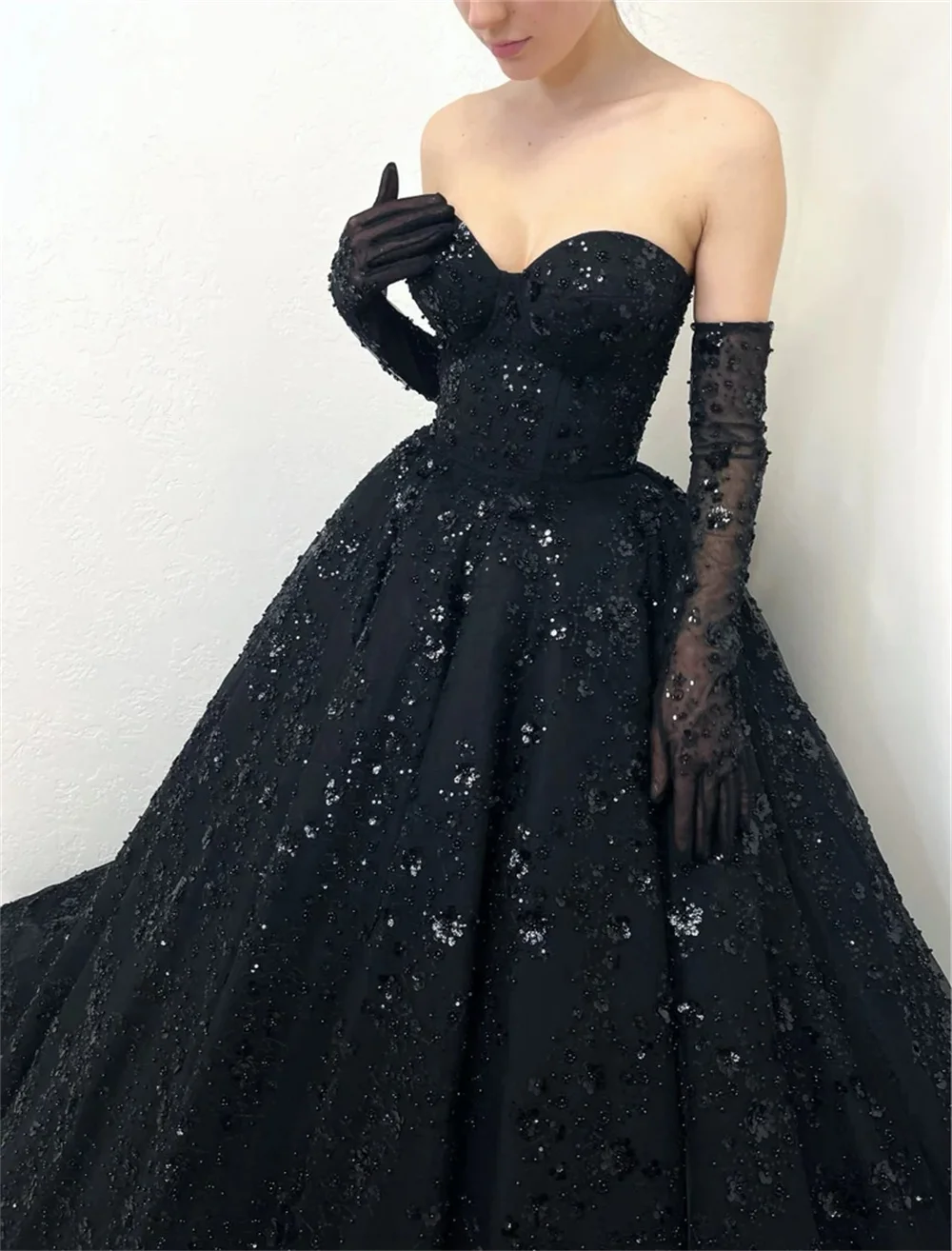 Amanda Gorgeous Shiny Lace Prom Dress Black Sweetheart Ball Gown Vestidos De Fiesta Shiny Flowert Wedding Dress فساتين سهرة