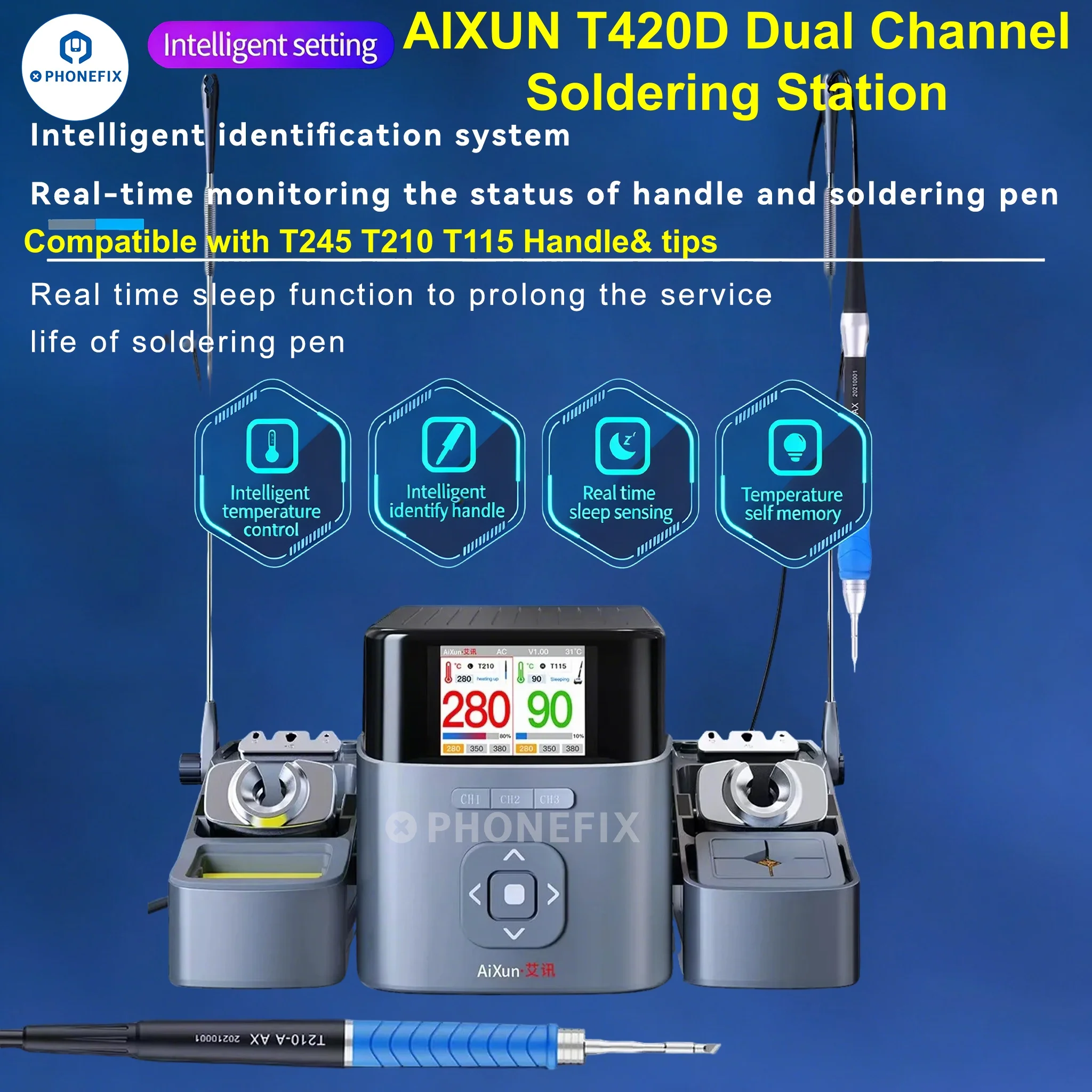 

Паяльная станция AIXUN T420D ESD с двумя каналами и ручками T245, T210, T115, быстрый нагрев, режим ожидания в реальном времени, для ремонта и сварки