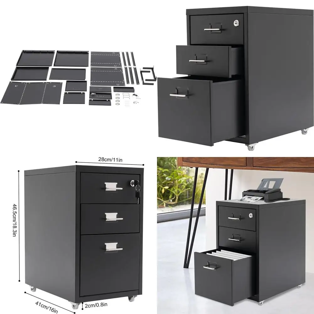 

Black 3-Drawer Rolling File Cabinet, 11x16x18.3in, Mobile Storage with Lock, A4 Filing for Home Office